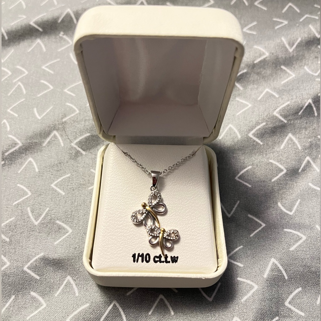 Sterling Silver Two Tone Double Dragonfly Necklace With Diamonds